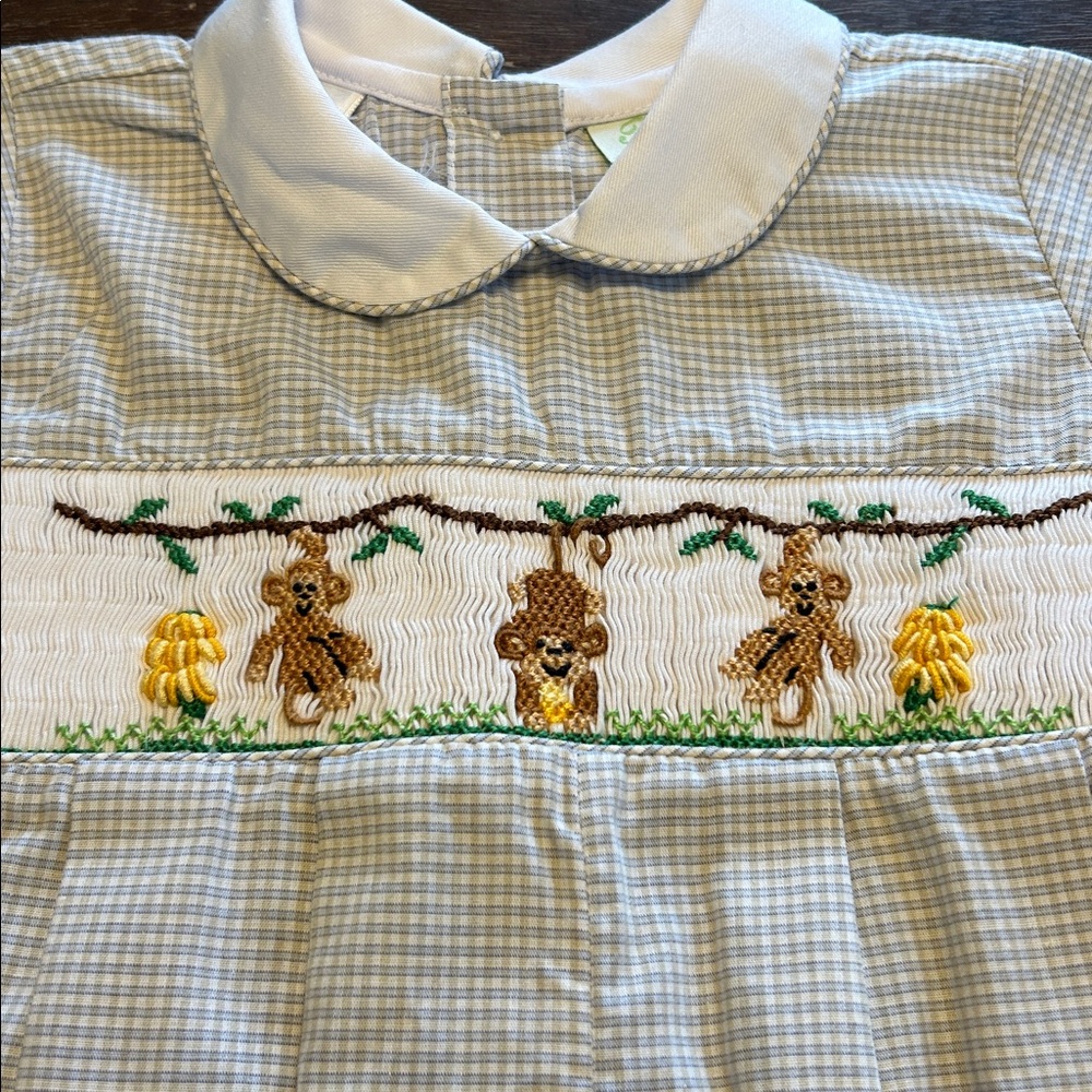 Be Mine Smocked Monkeys Gray/White Check One-Piece Short Sleeve Romper